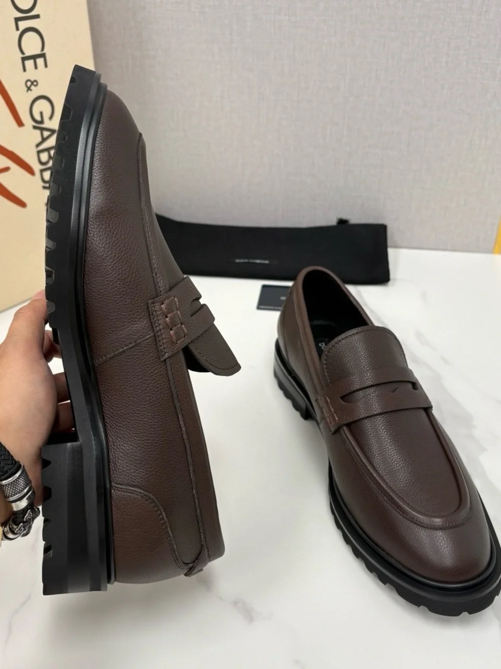 Dolce & Gabbana Men’s Brown Pebbled Leather Penny Loafers